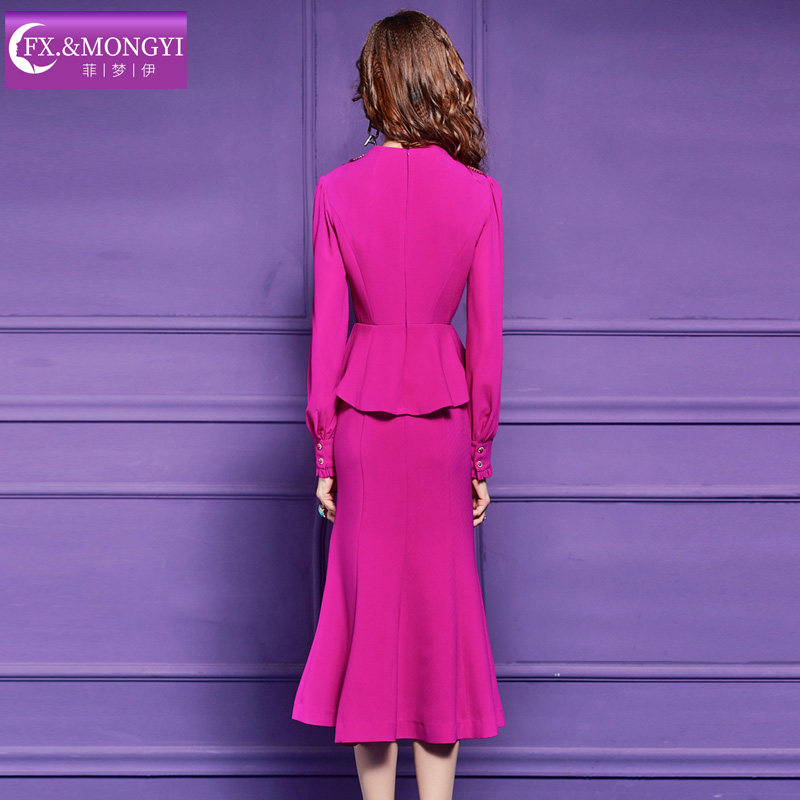 菲梦伊原创钉珠荷叶边连衣裙女长袖秋季轻熟高端收腰V领职业裙子