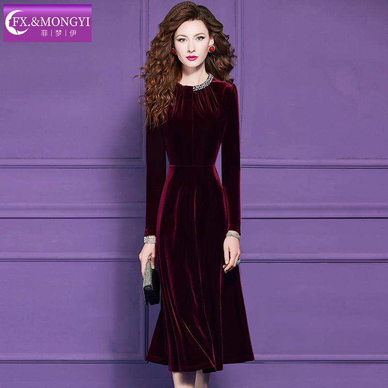 菲梦伊钉珠蓝色金丝绒连衣裙女冬季复古洋气收腰中长款打底裙礼服 - 图0