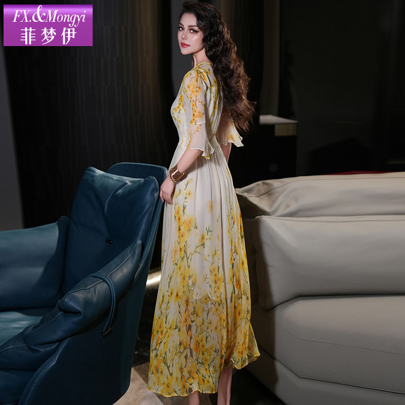 菲梦伊100桑蚕丝印花连衣裙女喇叭袖夏装法式年轻款高端真丝长裙,淘宝优惠券,粉丝福利购,淘宝优惠卷