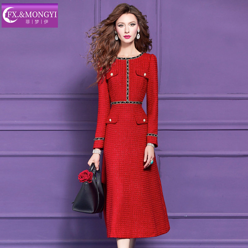 菲梦伊原创钉珠红色连衣裙女冬季复古轻熟名媛小香风收腰A字裙子,淘宝优惠券,粉丝福利购,淘宝优惠卷