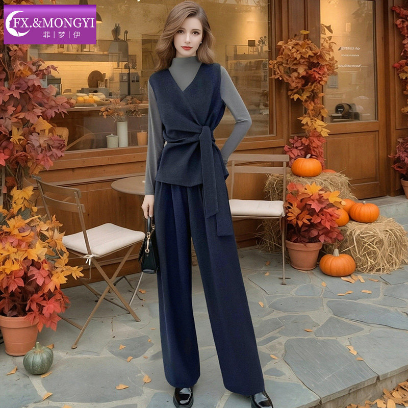 菲梦伊高级设计感时尚套装女春季褶皱系带V领马甲上衣宽松阔腿裤,淘宝优惠券,粉丝福利购,淘宝优惠卷