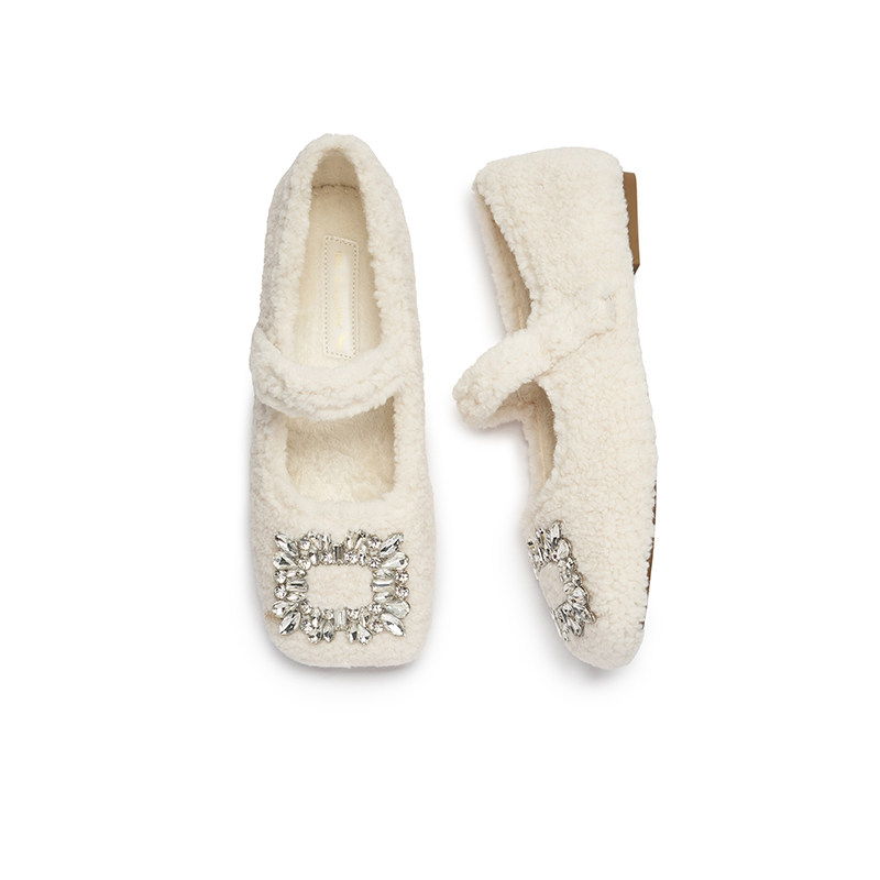 红蜻蜓女鞋秋冬新款毛毛单鞋平底水钻豆豆鞋玛丽珍单鞋可爱外穿鞋,淘宝优惠券,粉丝福利购,淘宝优惠卷