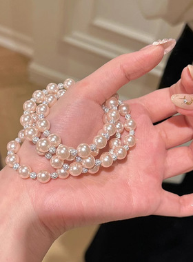 极光粉白珍珠手链轻奢高级感