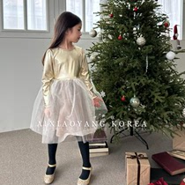 Ai Little Goat Korea South Gate Boy Dress 2023 Winter * Girl Christmas Temperament Golden Dress Splicing one-piece dress