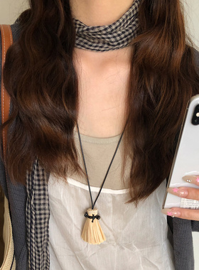 拉菲草扫把长款吊坠项链女