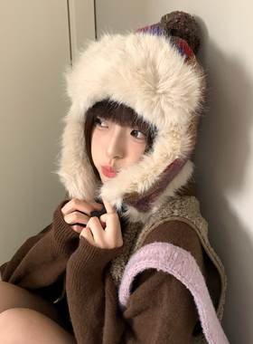 复古拼色菱格毛绒雷锋帽子女冬季