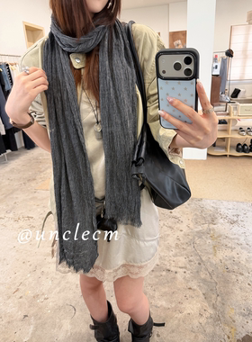 文艺风毛边褶皱细长条系脖丝巾女