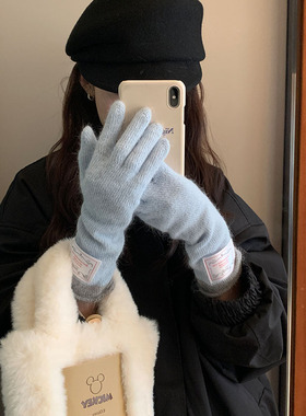 女款可触屏毛线针织手套保暖护腕