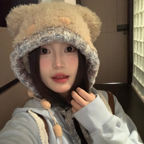 秋冬韩版可爱小熊毛绒针织帽子女彩色绑带护耳帽显脸小雷锋帽 - 图1