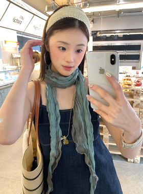 复古文艺风褶皱扎染长条丝巾女