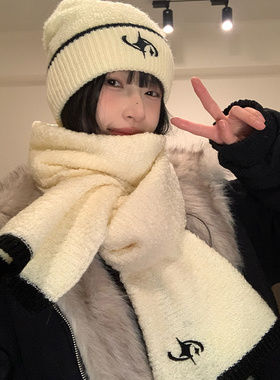 韩系黑色针织帽子围巾女秋冬新款