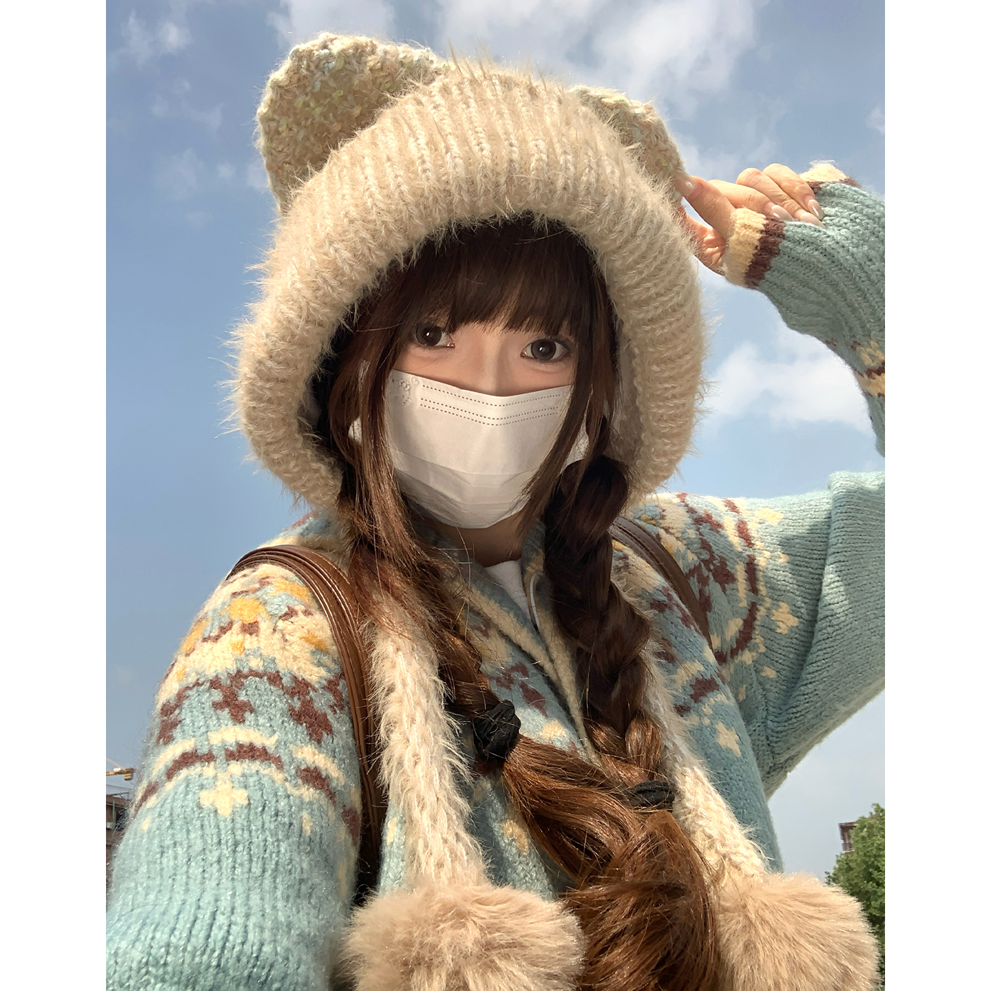 毛绒可爱小熊耳朵毛线帽子女冬季大头围针织护耳帽保暖百搭套头帽,淘宝优惠券,粉丝福利购,淘宝优惠卷