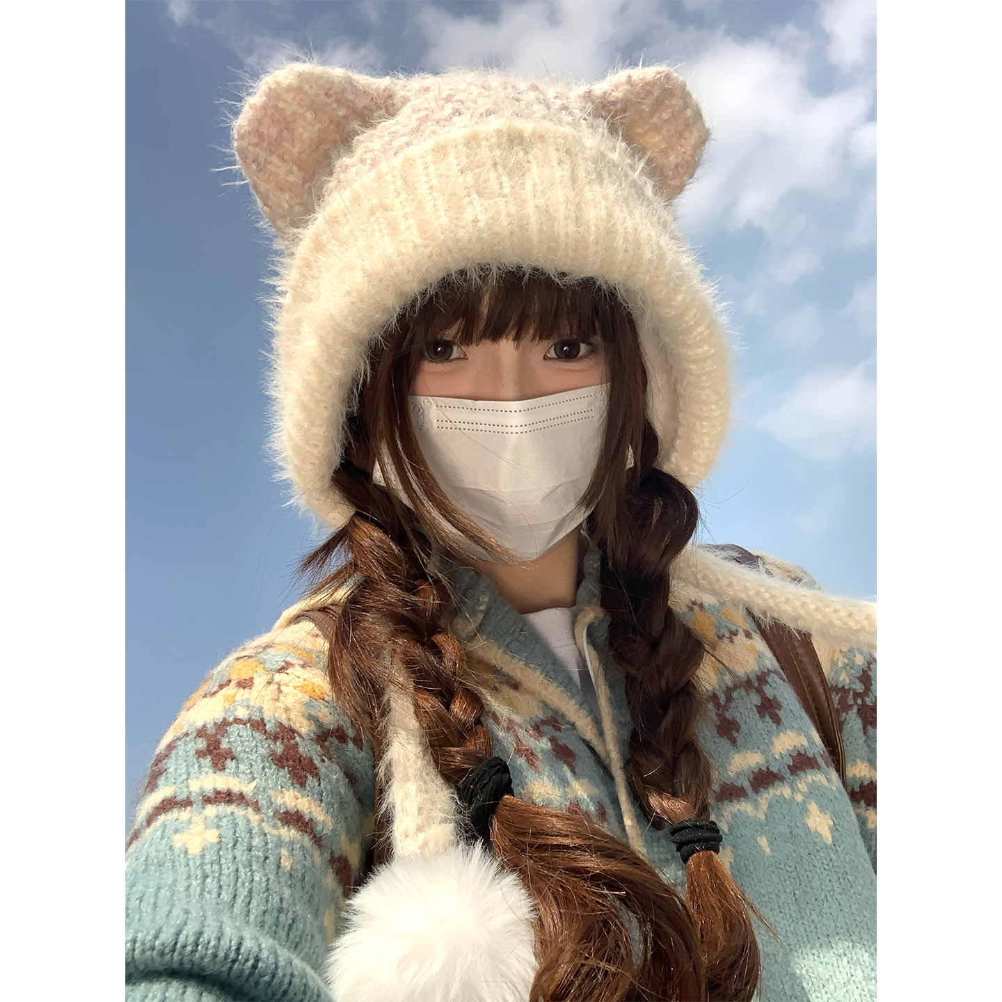 毛绒可爱小熊耳朵毛线帽子女冬季大头围针织护耳帽保暖百搭套头帽,淘宝优惠券,粉丝福利购,淘宝优惠卷