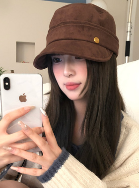 复古美拉德麂皮绒棕色贝雷帽子女