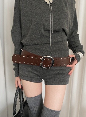 重工设计感朋克风铆钉宽腰带女