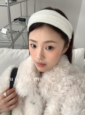 复古麻花纹灰色针织宽边发箍女