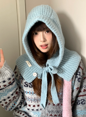 含羊毛蓝色毛线巴拉克拉法帽女