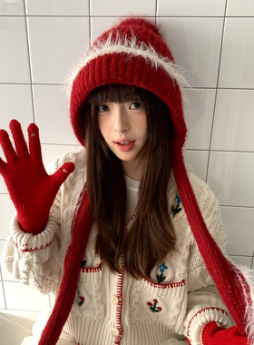 新年红色毛球针织帽子女冬季保暖