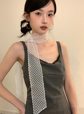 韩系菱格白色蕾丝刺绣长条丝巾女