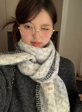 韩系秋冬季撞色锁边围巾女