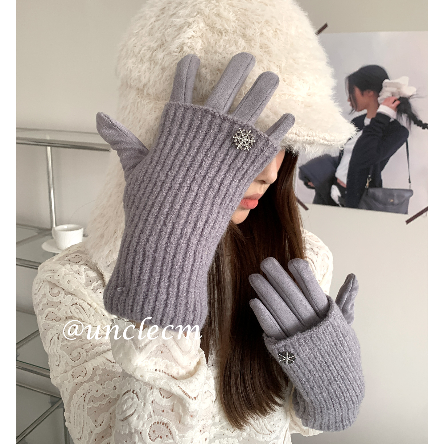 韩版麂皮针织雪花分指手套女士冬季加厚保暖二合一防寒骑行可触屏,淘宝优惠券,粉丝福利购,淘宝优惠卷