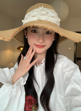 大帽檐蕾丝蝴蝶结编织草帽女