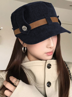 美拉德风撞色牛仔平顶马术帽子