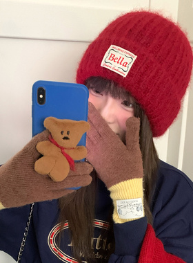 秋冬加厚保暖红色毛线帽子女