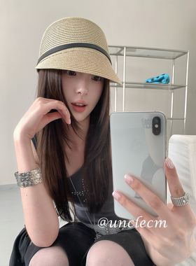 复古草编遮阳马术帽女