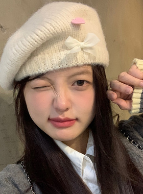 韩版女秋冬蝴蝶结贝雷帽