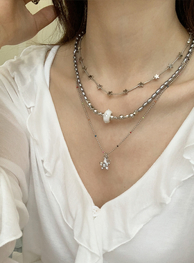 银色星星串珠锁骨链高级时尚百搭