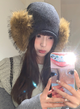 纯羊毛灰色毛绒堆堆帽子女冬季