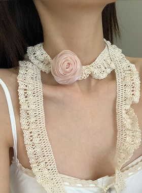 粉色蕾丝玫瑰花项链甜美高级感