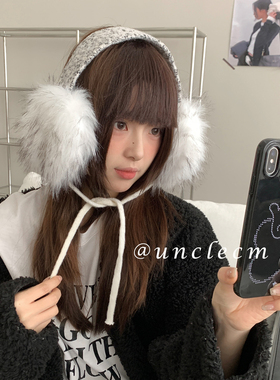 冬季加厚灰色毛绒绒系带耳罩女