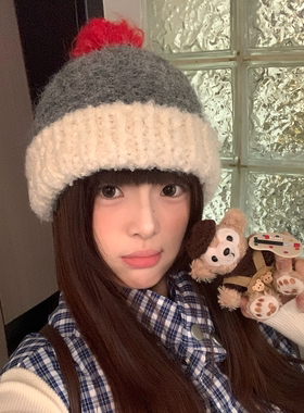 日系可爱撞色毛球灰色针织帽女冬