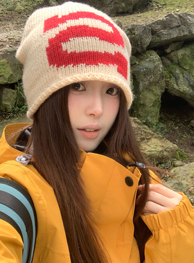 朋克风撞色字母粗针织帽子女