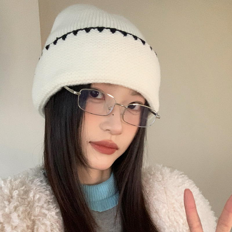 韩系百搭撞色条纹针织毛线帽子女加厚护耳保暖显脸小包头帽套头帽 - 图2