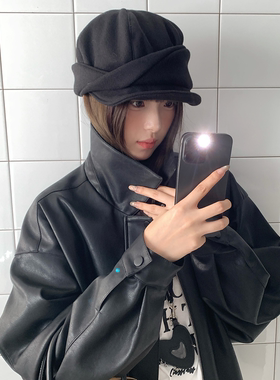 秋冬高级感含羊毛灰色贝雷帽子女