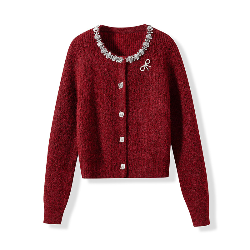 【珠光宝气】1OO%羊毛 小香风手缝水钻装饰蝴蝶结针织开衫毛衣女,淘宝优惠券,粉丝福利购,淘宝优惠卷