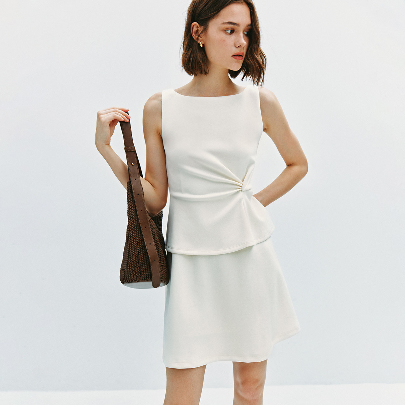 【细腻滑爽】双面织四面弹 不对称扭结假两件荷叶边收腰连衣裙