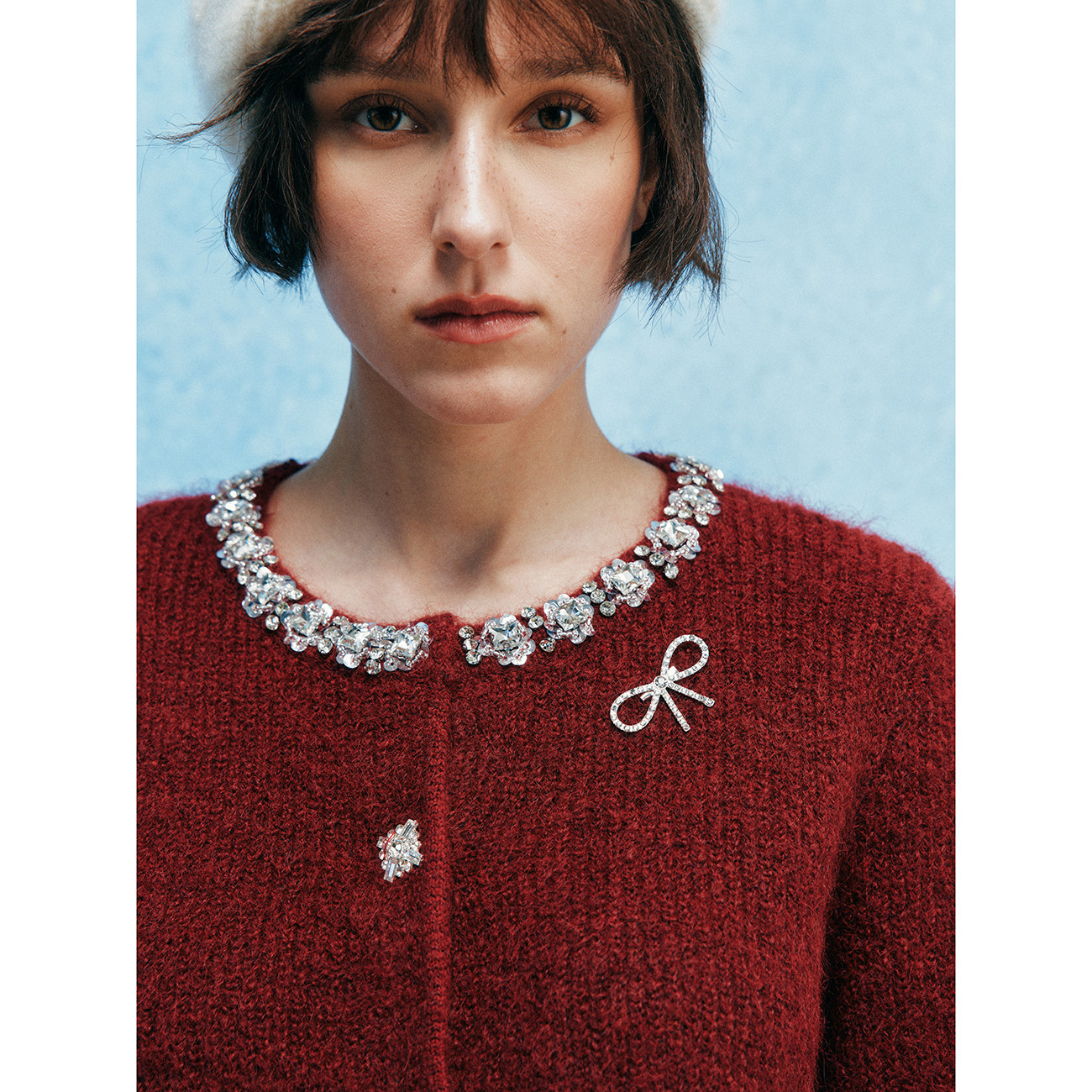 【珠光宝气】1OO%羊毛 小香风手缝水钻装饰蝴蝶结针织开衫毛衣女,淘宝优惠券,粉丝福利购,淘宝优惠卷