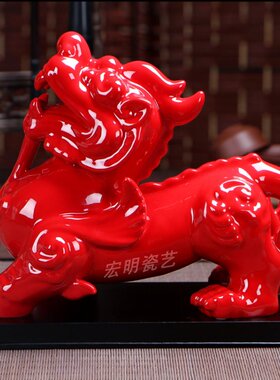 陶瓷貔貅摆件一对大号招财镇宅中国红办公室客厅风水装饰商务送礼