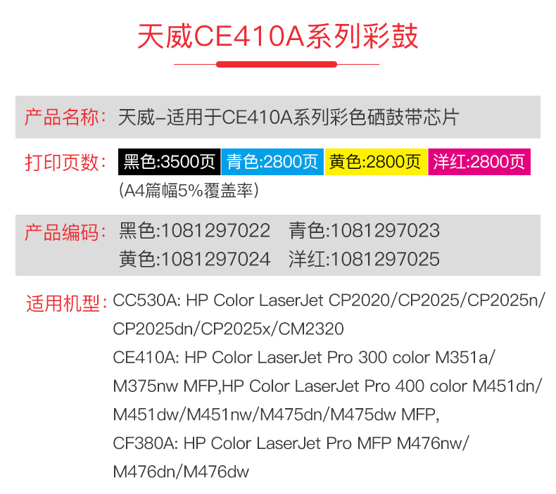 天威CE410A适用hp400 300 M351a M451dn M451nw 475dn硒鼓M475DWHP 2025硒鼓CB530A 彩鼓 HP2025 2320硒鼓 - 图2