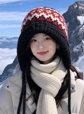 韩系复古费尔岛提花帽子女秋冬流苏护耳针织帽户外防寒保暖毛线帽