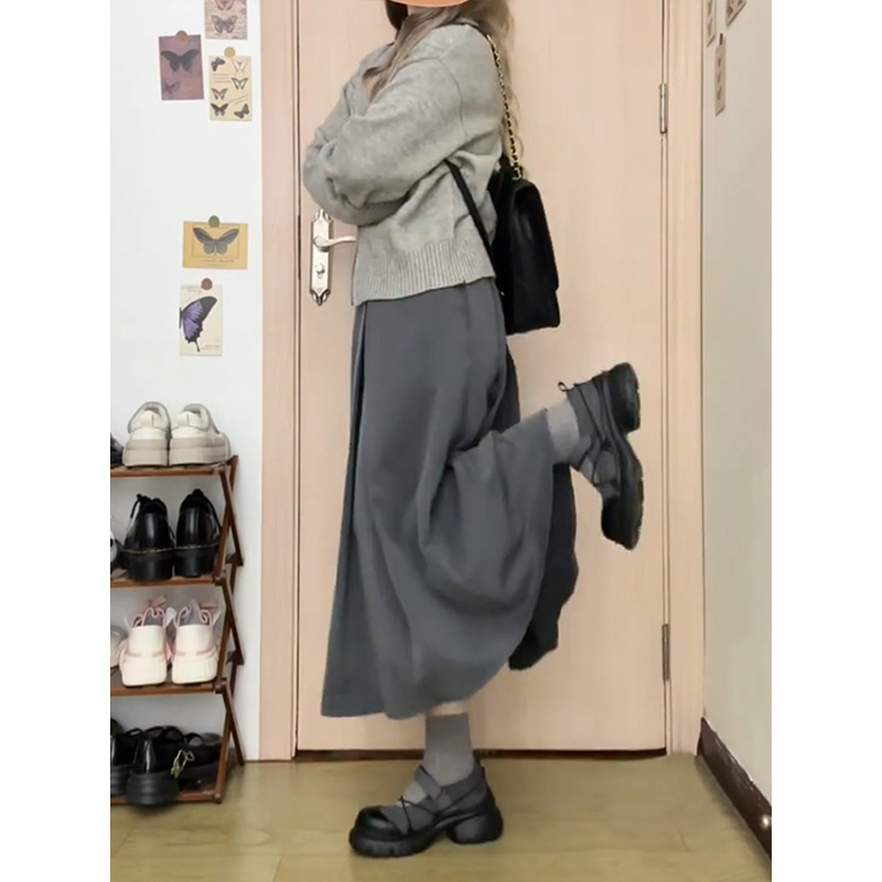 灰色伯克利裙子秋大码胖mm梨型身材半身裙遮肚显瘦宽松a字百褶裙 - 图1