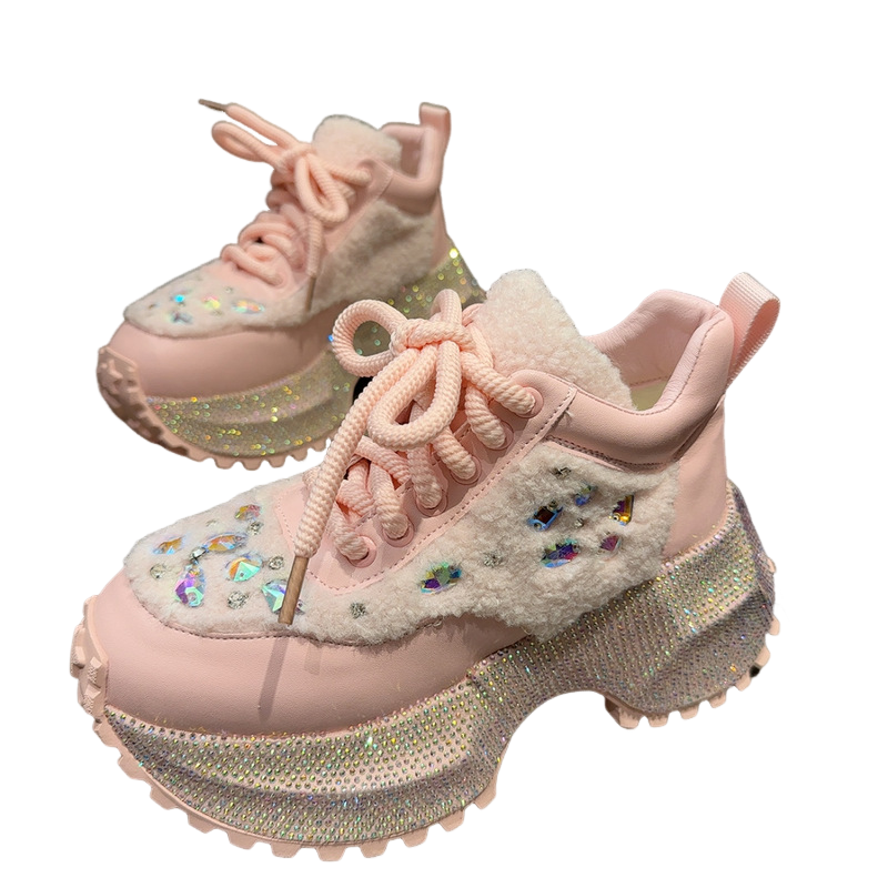 欧货重工毛毛水钻厚底老爹鞋女2025冬季满钻高帮棉鞋休闲运动潮鞋,淘宝优惠券,粉丝福利购,淘宝优惠卷