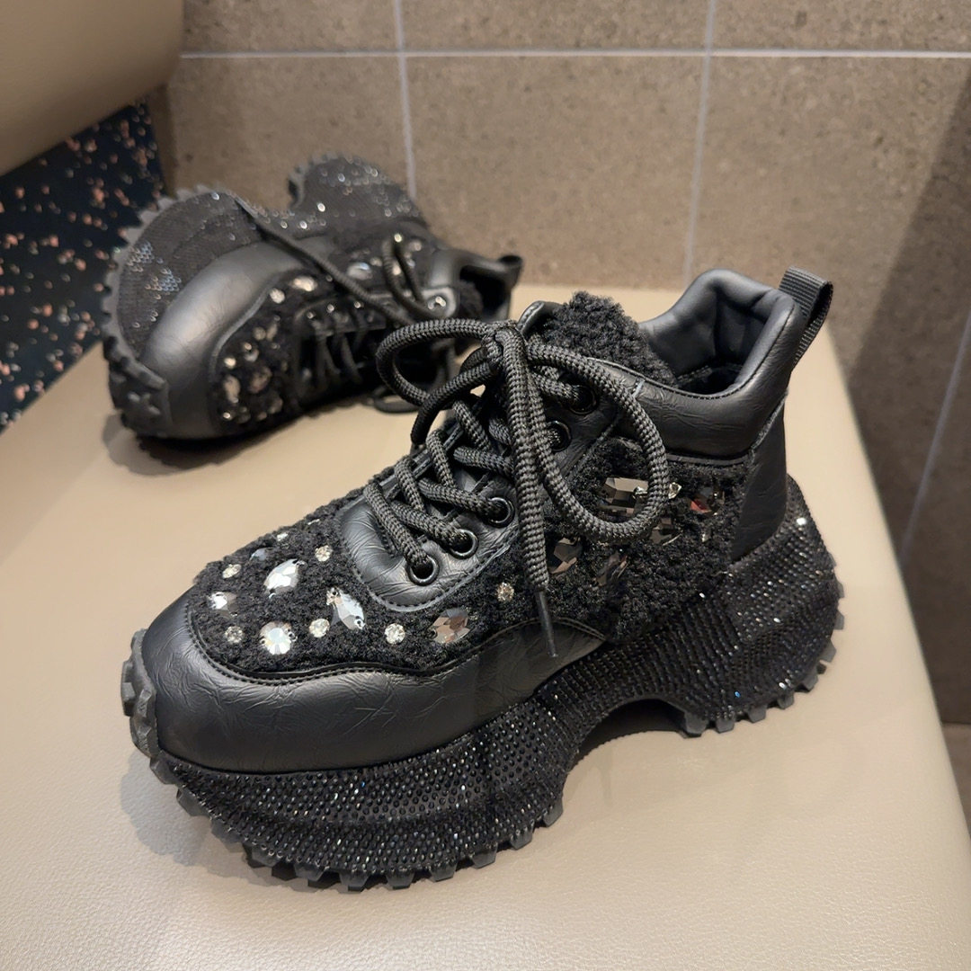 欧货重工毛毛水钻厚底老爹鞋女2025冬季满钻高帮棉鞋休闲运动潮鞋,淘宝优惠券,粉丝福利购,淘宝优惠卷