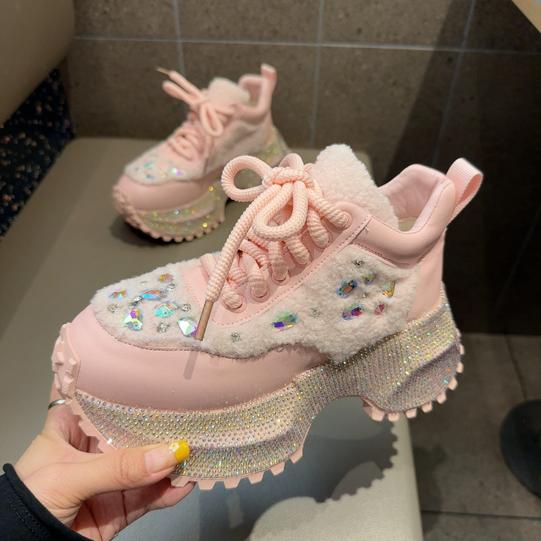 欧货重工毛毛水钻厚底老爹鞋女2025冬季满钻高帮棉鞋休闲运动潮鞋,淘宝优惠券,粉丝福利购,淘宝优惠卷