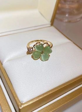 可旋转绿色猫眼石四叶草戒指女ins风百搭时尚指环开口可调节批发