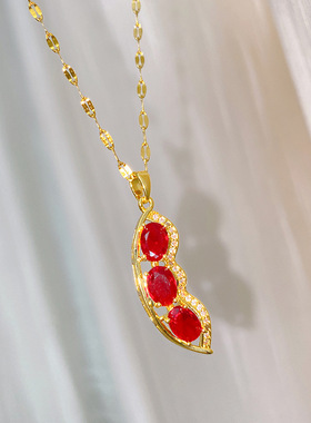 铜镀真金吊坠新款轻奢微镶锆石个性红色豌豆项链时尚气质跨境爆款